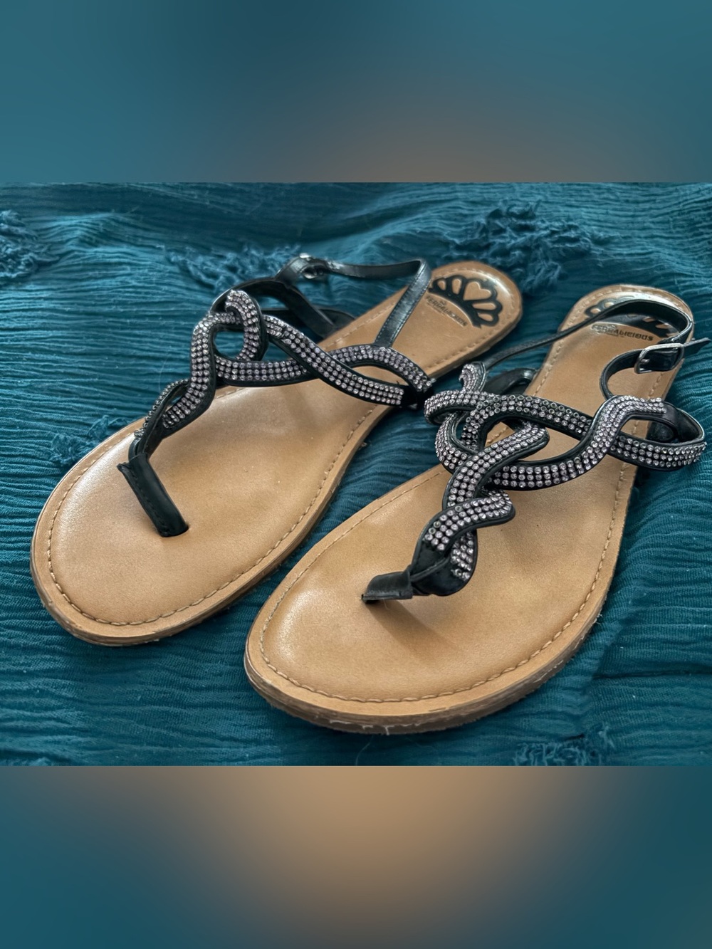 Women's Black Crystal-Embellished T-Strap Sandals